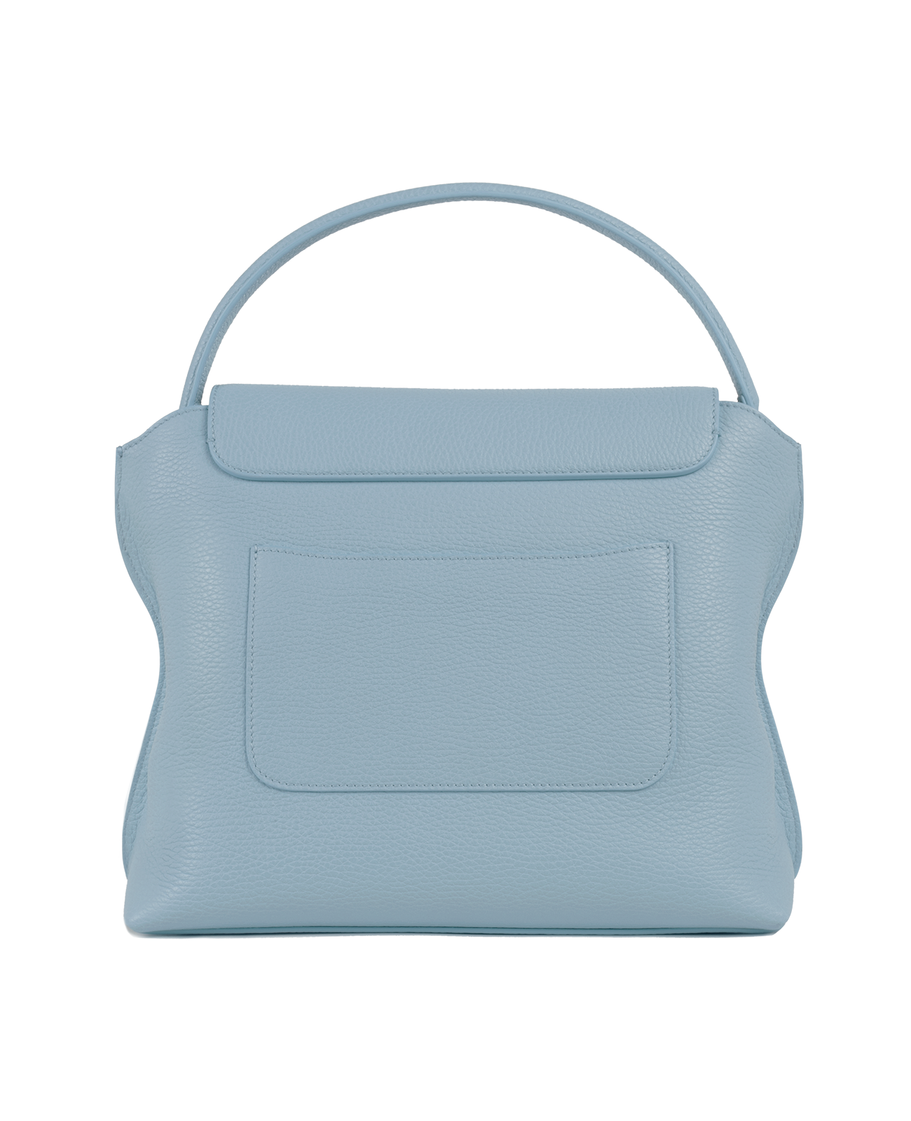 Cross-body bag in Italian full-grain leather, semi-aniline calf Italian leather with detachable shoulder strap.Three compartments, zip pocket in the back compartment. Magnetic flap closure with logo. Color: Baby Blue. Size:Large