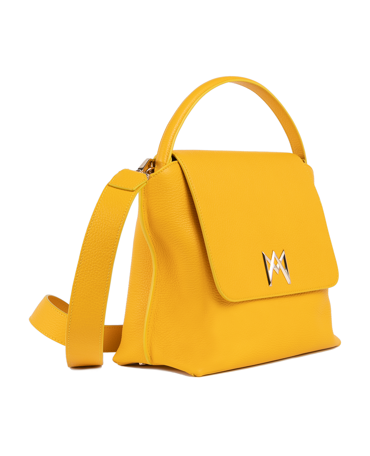 Cross-body bag in Italian full-grain leather, semi-aniline calf Italian leather with detachable shoulder strap.Three compartments, zip pocket in the back compartment. Magnetic flap closure with logo. Color: Yellow. Size:Large