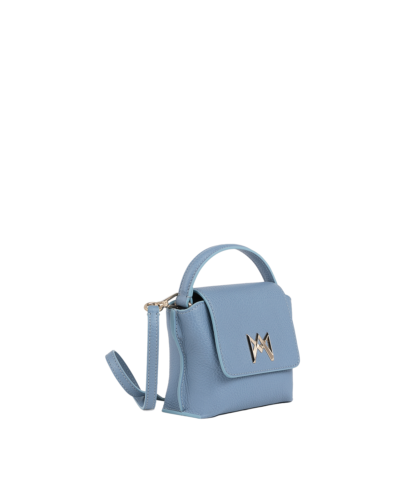 Cross-body bag in Italian full-grain leather, semi-aniline calf Italian leather with detachable shoulder strap.Three compartments, zip pocket in the back compartment. Magnetic flap closure with logo. Color: Baby Blue. Size:Mini