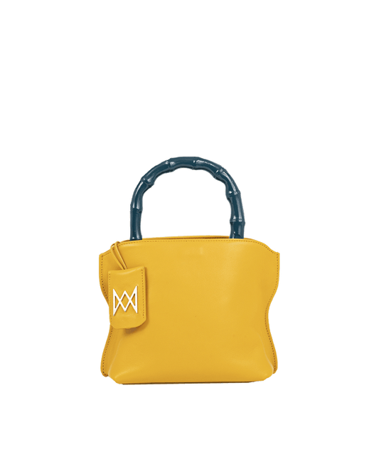 Cross-body bag in calf leather with detachable shoulder strap. Bamboo handles. Made In Italy. Two compartments, zip pocket in the back compartment. Magnetic flap closure with logo. Color: Saffron. Size: Medium