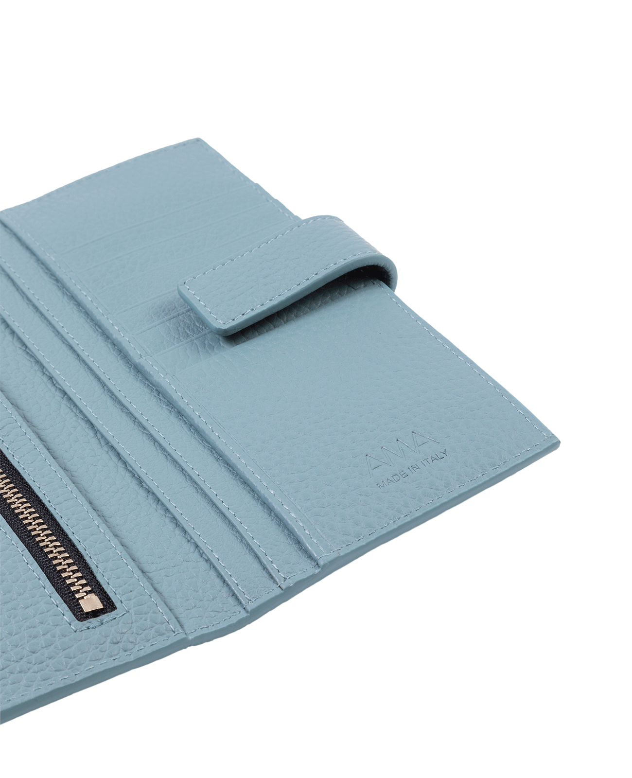 Wallet in Italian full-grain leather. Designed to carry your personal items. Available in a variety of styles and designs. Color: Avio. Size: Medium