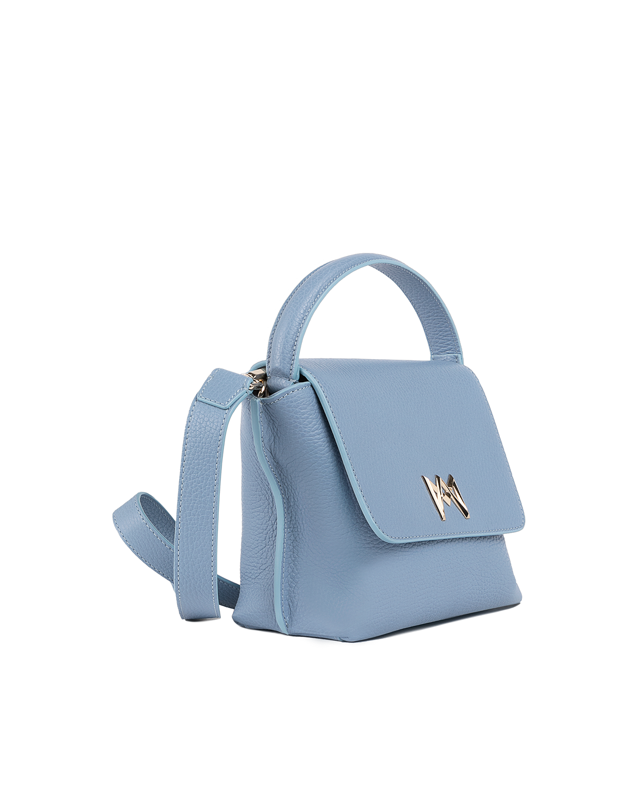 Cross-body bag in Italian full-grain leather, semi-aniline calf Italian leather with detachable shoulder strap.Three compartments, zip pocket in the back compartment. Magnetic flap closure with logo. Color: Baby Blue. Size:Medium