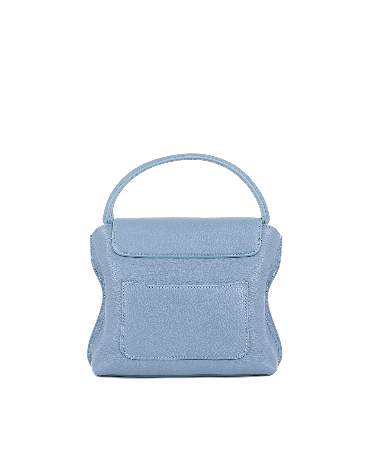 Cross-body bag in Italian full-grain leather, semi-aniline calf Italian leather with detachable shoulder strap.Three compartments, zip pocket in the back compartment. Magnetic flap closure with logo. Color: Baby Blue. Size:Medium