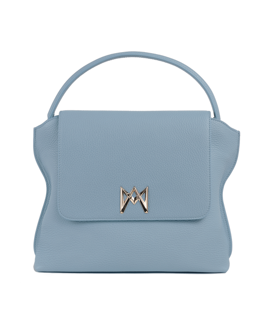 Cross-body bag in Italian full-grain leather, semi-aniline calf Italian leather with detachable shoulder strap.Three compartments, zip pocket in the back compartment. Magnetic flap closure with logo. Color: Baby Blue. Size:Large