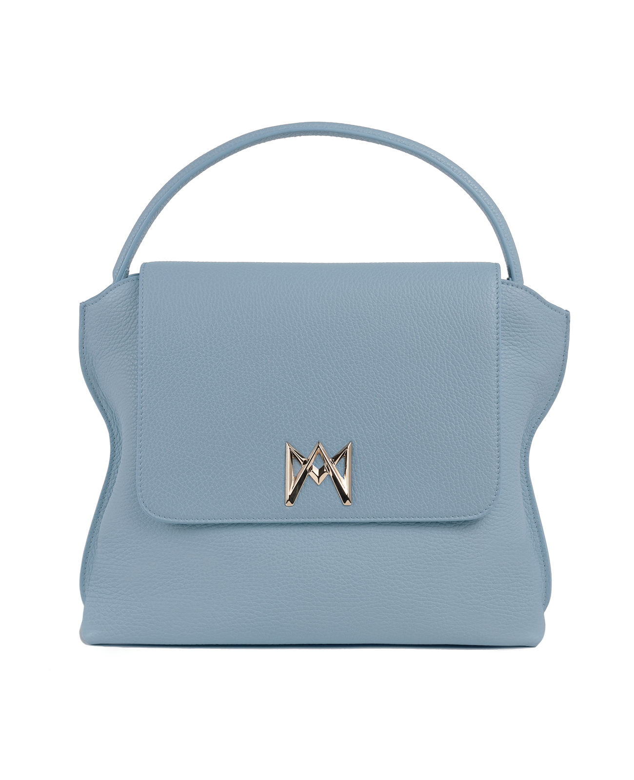 Cross-body bag in Italian full-grain leather, semi-aniline calf Italian leather with detachable shoulder strap.Three compartments, zip pocket in the back compartment. Magnetic flap closure with logo. Color: Baby Blue. Size:Large
