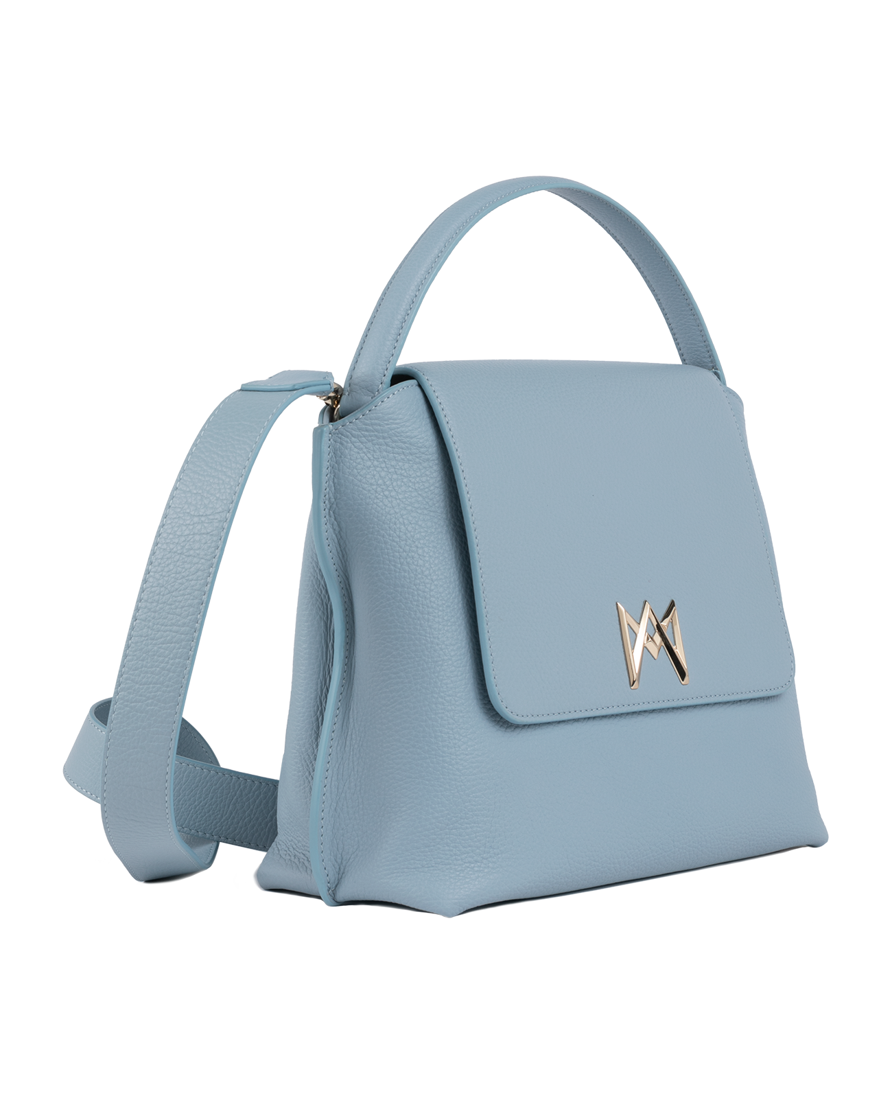 Cross-body bag in Italian full-grain leather, semi-aniline calf Italian leather with detachable shoulder strap.Three compartments, zip pocket in the back compartment. Magnetic flap closure with logo. Color: Baby Blue. Size:Large
