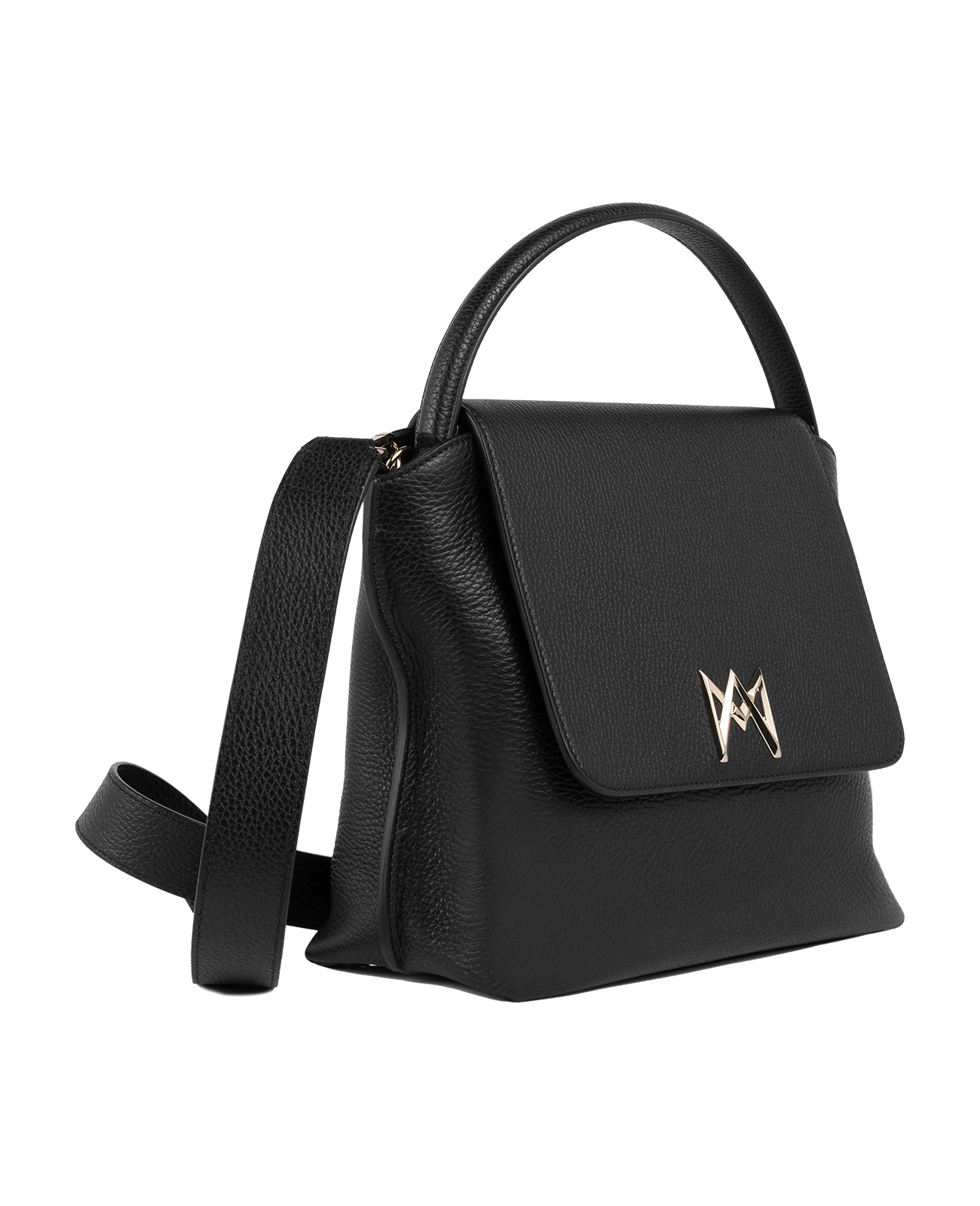 Cross-body bag in Italian full-grain leather, semi-aniline calf Italian leather with detachable shoulder strap.Three compartments, zip pocket in the back compartment. Magnetic flap closure with logo. Color: Black. Size:Large