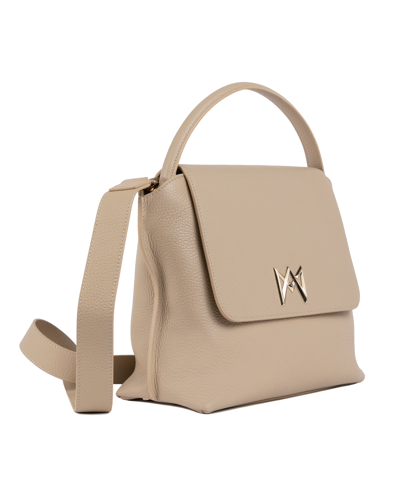 Cross-body bag in Italian full-grain leather, semi-aniline calf Italian leather with detachable shoulder strap.Three compartments, zip pocket in the back compartment. Magnetic flap closure with logo. Color: Nude. Size: Large
