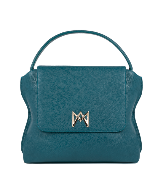 Cross-body bag in Italian full-grain leather, semi-aniline calf Italian leather with detachable shoulder strap.Three compartments, zip pocket in the back compartment. Magnetic flap closure with logo. Color: Teal. Size:Large