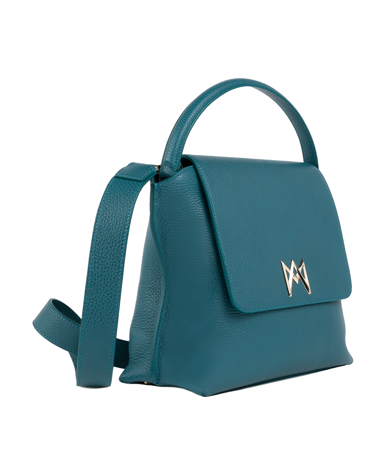 Cross-body bag in Italian full-grain leather, semi-aniline calf Italian leather with detachable shoulder strap.Three compartments, zip pocket in the back compartment. Magnetic flap closure with logo. Color: Teal. Size:Large