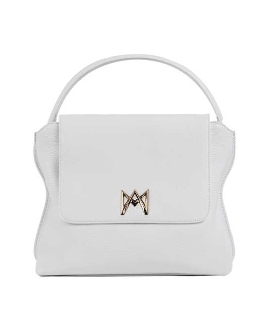 Cross-body bag in Italian full-grain leather, semi-aniline calf Italian leather with detachable shoulder strap.Three compartments, zip pocket in the back compartment. Magnetic flap closure with logo. Color: White. Size: Large