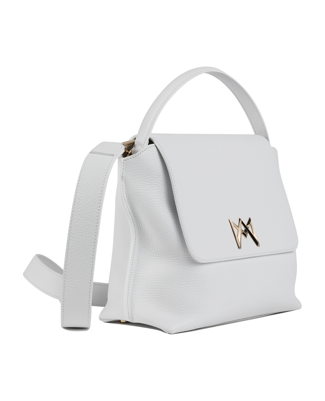 Cross-body bag in Italian full-grain leather, semi-aniline calf Italian leather with detachable shoulder strap.Three compartments, zip pocket in the back compartment. Magnetic flap closure with logo. Color: White. Size: Large