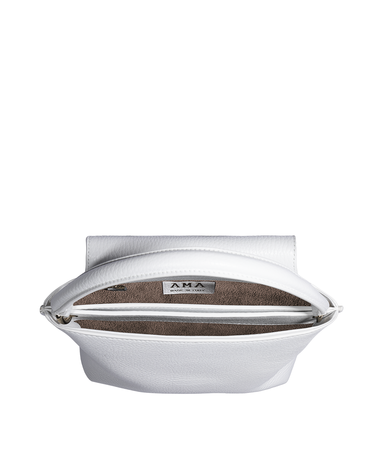 Cross-body bag in Italian full-grain leather, semi-aniline calf Italian leather with detachable shoulder strap.Three compartments, zip pocket in the back compartment. Magnetic flap closure with logo. Color: White. Size: Large