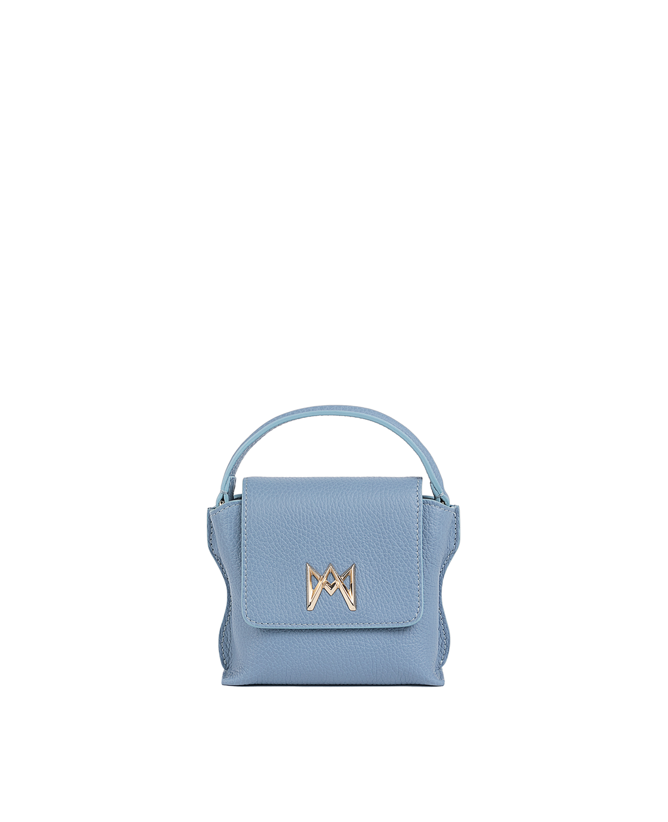 Cross-body bag in Italian full-grain leather, semi-aniline calf Italian leather with detachable shoulder strap.Three compartments, zip pocket in the back compartment. Magnetic flap closure with logo. Color: Baby Blue. Size:Mini
