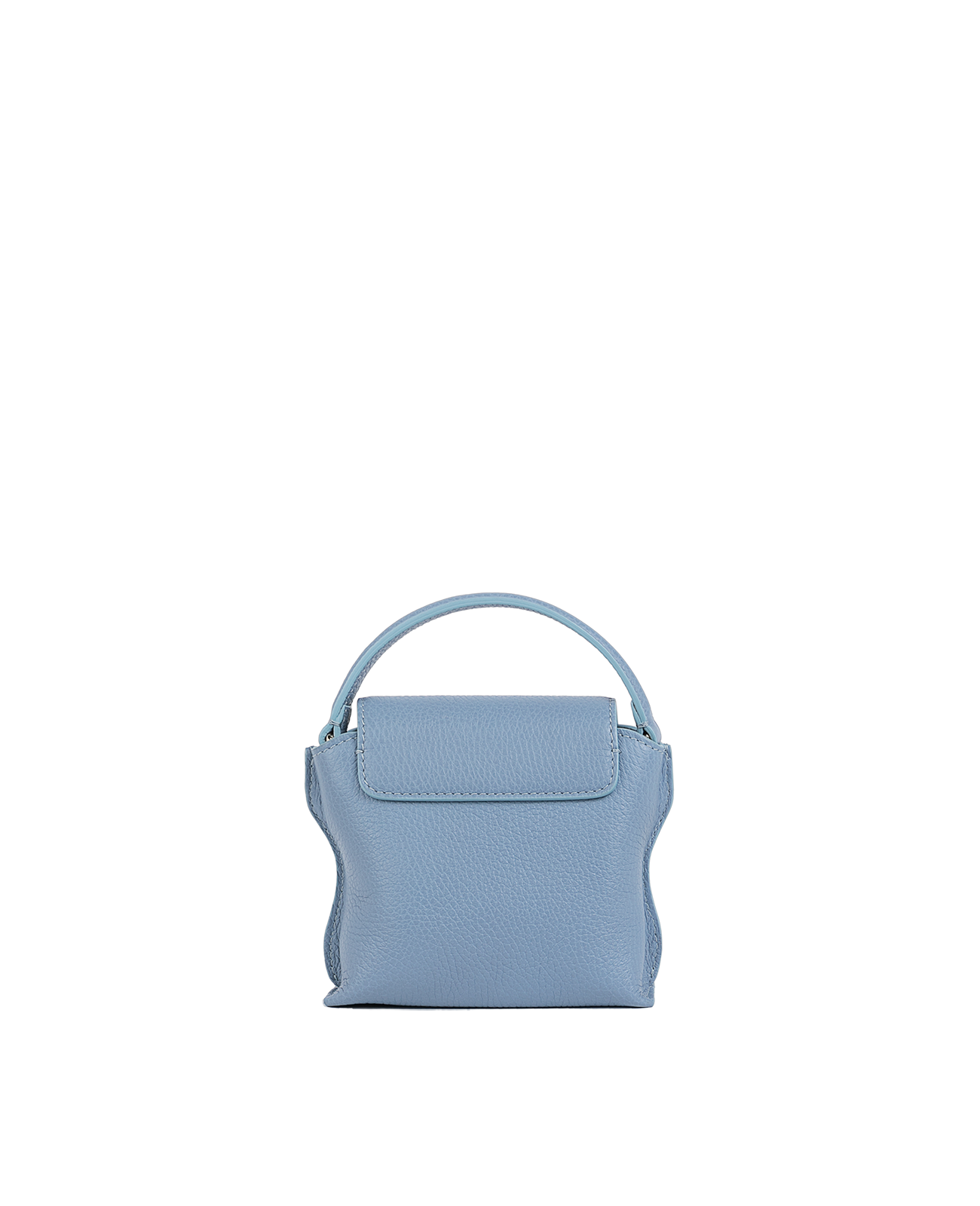 Cross-body bag in Italian full-grain leather, semi-aniline calf Italian leather with detachable shoulder strap.Three compartments, zip pocket in the back compartment. Magnetic flap closure with logo. Color: Baby Blue. Size:Mini