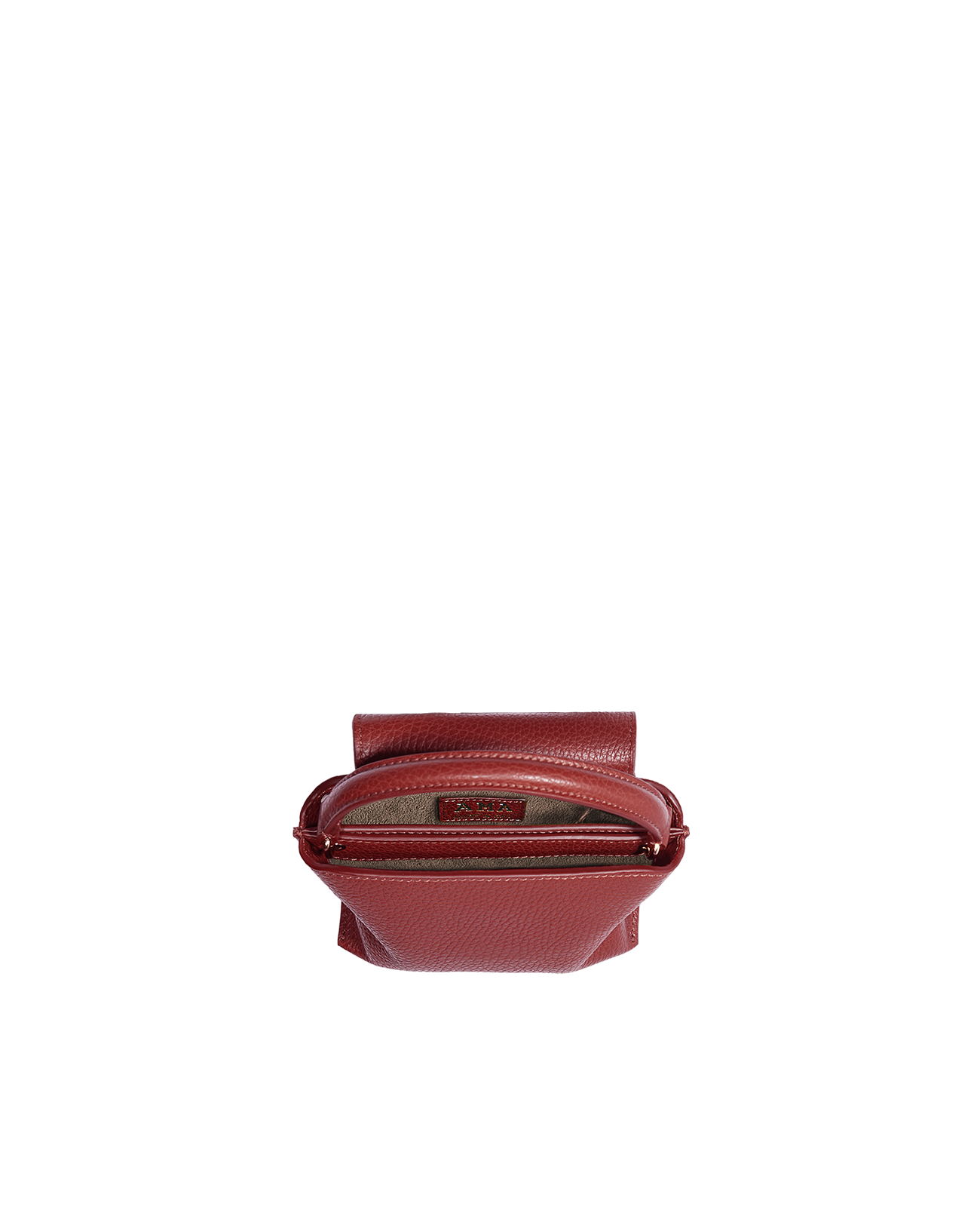 Cross-body bag in Italian full-grain leather, semi-aniline calf Italian leather with detachable shoulder strap.Three compartments, zip pocket in the back compartment. Magnetic flap closure with logo. Color: Dark Red. Size:Mini