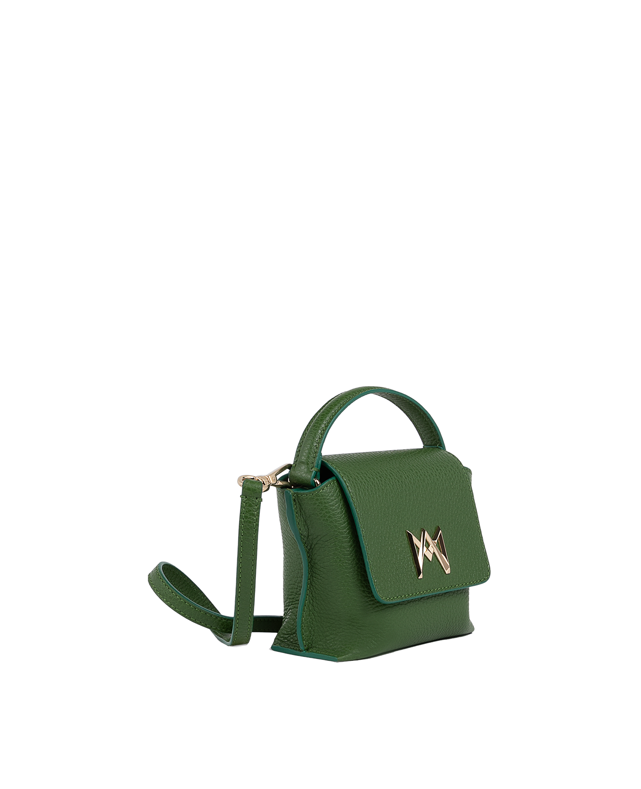 Cross-body bag in Italian full-grain leather, semi-aniline calf Italian leather with detachable shoulder strap.Three compartments, zip pocket in the back compartment. Magnetic flap closure with logo. Color: Green. Size: Mini.