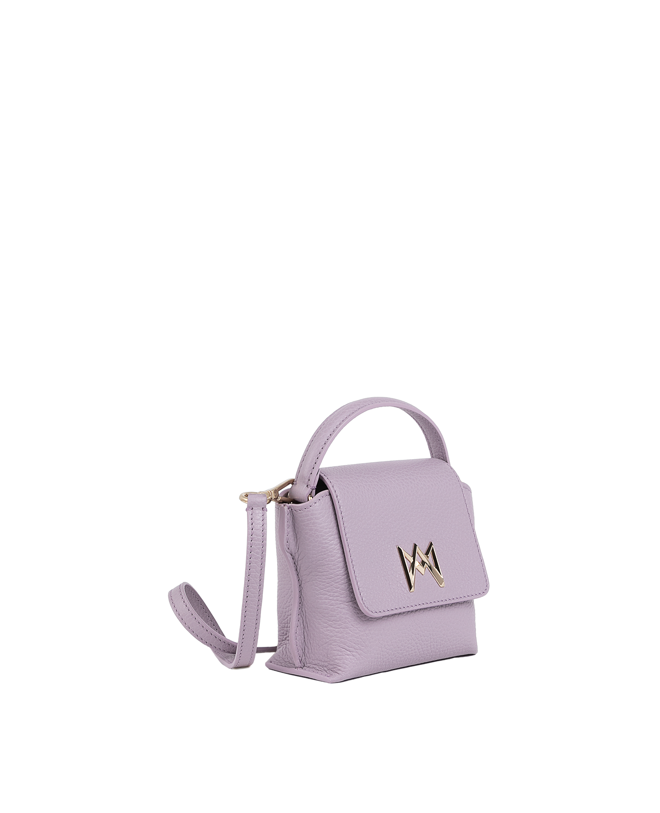 Cross-body bag in Italian full-grain leather, semi-aniline calf Italian leather with detachable shoulder strap.Three compartments, zip pocket in the back compartment. Magnetic flap closure with logo. Color: Lavender. Size:Mini