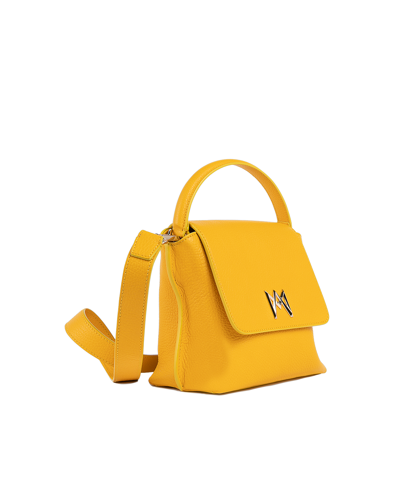 Cross-body bag in Italian full-grain leather, semi-aniline calf Italian leather with detachable shoulder strap.Three compartments, zip pocket in the back compartment. Magnetic flap closure with logo. Color: Yellow. Size:Medium