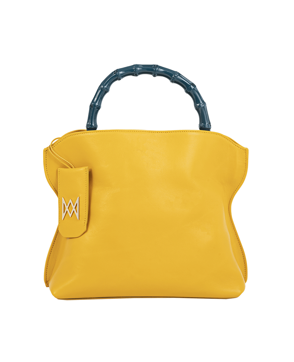 Cross-body bag in calf leather with detachable shoulder strap. Bamboo handles. Made In Italy. Two compartments, zip pocket in the back compartment. Magnetic flap closure with logo. Color: Saffron. Size: Large