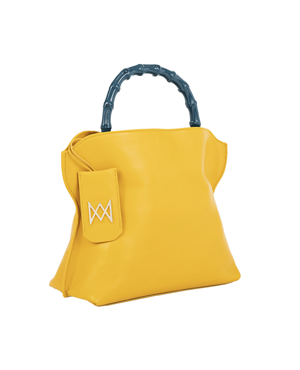Cross-body bag in calf leather with detachable shoulder strap. Bamboo handles. Made In Italy. Two compartments, zip pocket in the back compartment. Magnetic flap closure with logo. Color: Saffron. Size: Large