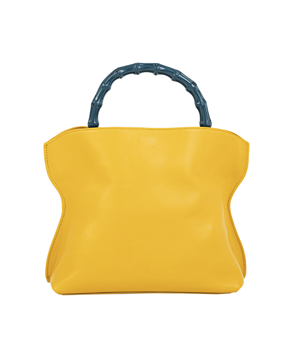 Cross-body bag in calf leather with detachable shoulder strap. Bamboo handles. Made In Italy. Two compartments, zip pocket in the back compartment. Magnetic flap closure with logo. Color: Saffron. Size: Large