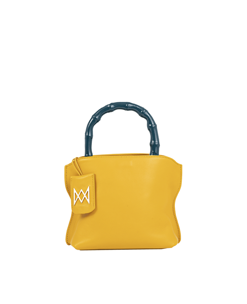 Cross-body bag in calf leather with detachable shoulder strap. Bamboo handles. Made In Italy. Two compartments, zip pocket in the back compartment. Magnetic flap closure with logo. Color: Saffron. Size: Medium