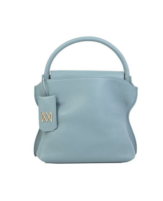 Cross-body bag in Italian full-grain leather, semi-aniline calf Italian leather with detachable shoulder strap.Three compartments, zip pocket in the back compartment. Magnetic flap closure with logo. Color: Light Blue. Size:Large